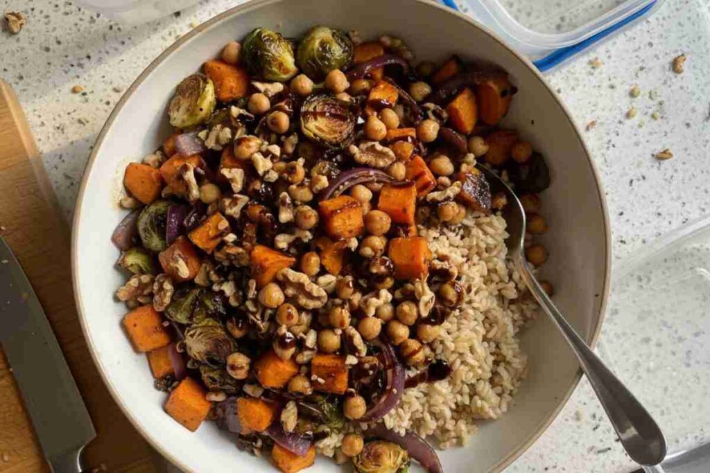 healthy dinners brown rice bowl roasted vegetables meal prep