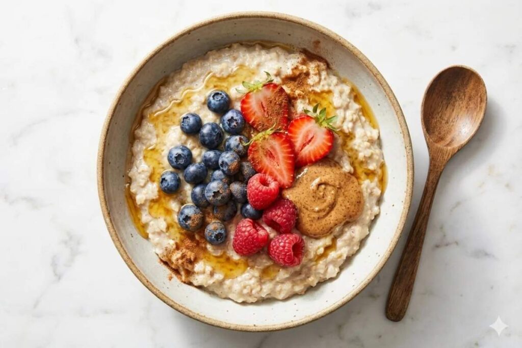 creamy oatmeal bowl topped with fresh berries and honey