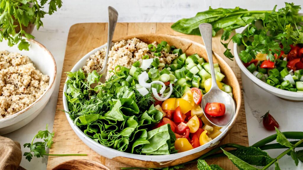 Colorful plant-based salad bowl with quinoa, fresh greens, cherry tomatoes, and cucumbers