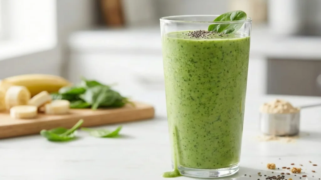 green protein power breakfast smoothie for weight loss with spinach banana pineapple 295 calories 28g protein