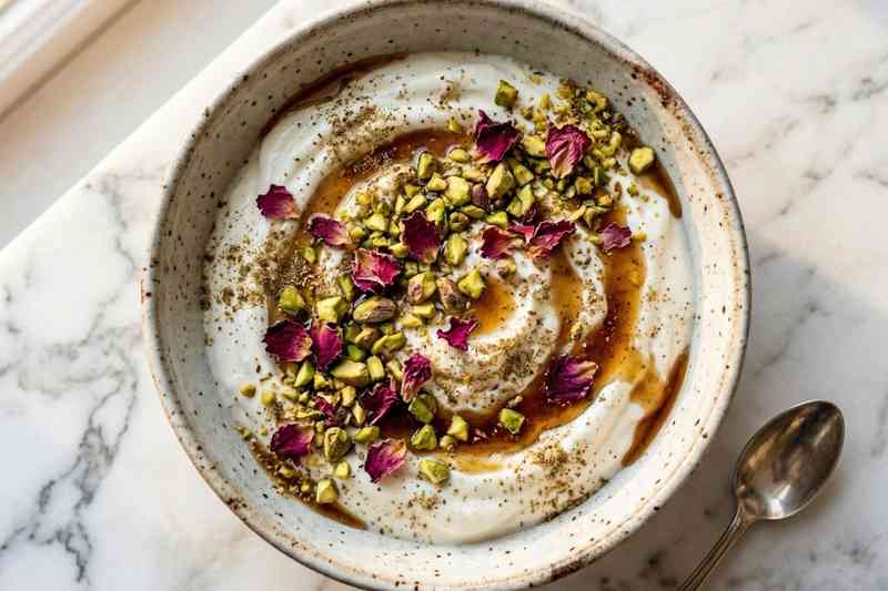 Greek yogurt high protein bowl with pistachios rose petals and dark honey