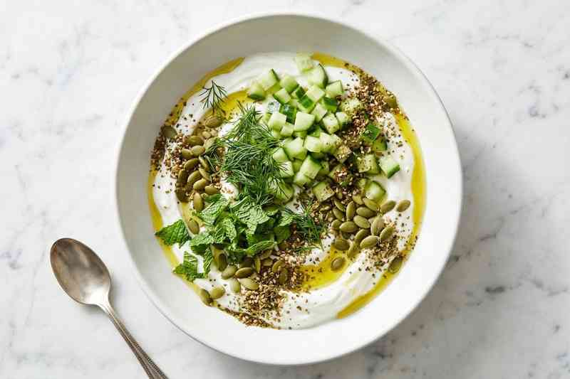 Savory Greek yogurt high protein bowl with cucumber dill and za'atar