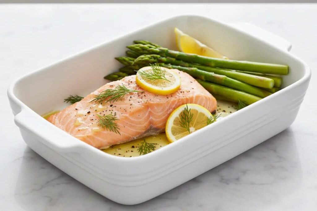 lemon garlic salmon with fresh asparagus in white dish
