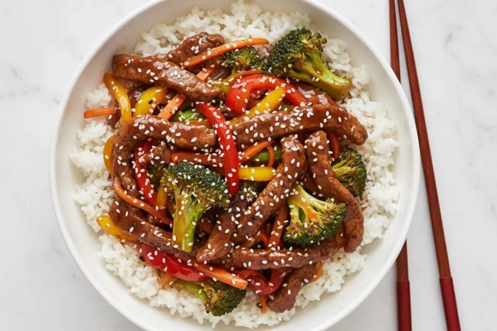 beef and vegetable stir fry over white rice with sesame seeds