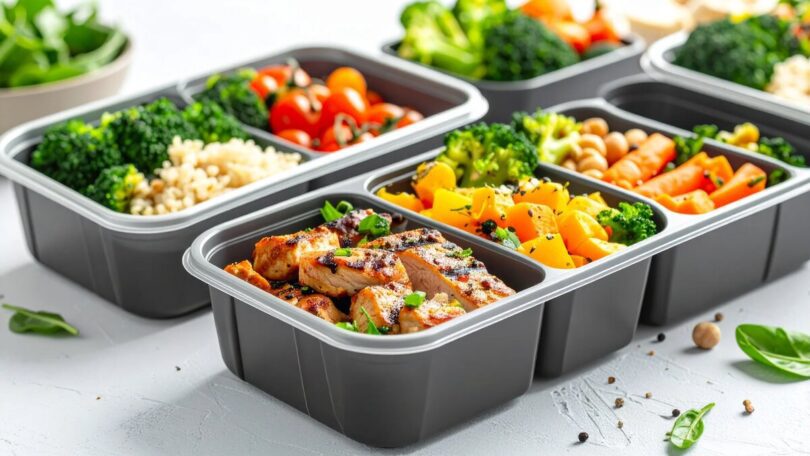 8 Healthy vegan meal prep containers with grilled tofu, steamed broccoli, quinoa, roasted carrots, and fresh vegetables