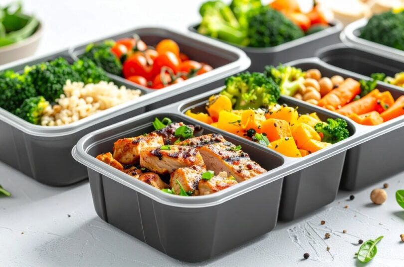 8 Healthy vegan meal prep containers with grilled tofu, steamed broccoli, quinoa, roasted carrots, and fresh vegetables