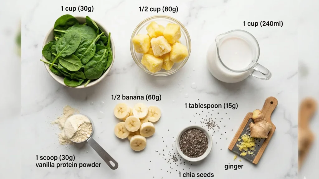 ingredients for tropical green detox breakfast smoothie for weight loss with spinach pineapple banana
