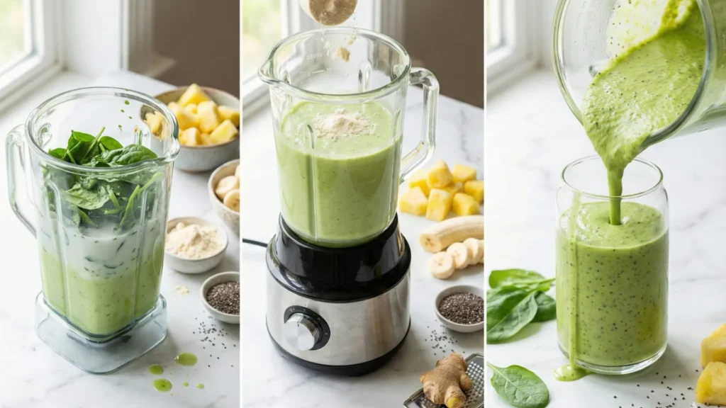 step by step process making green detox breakfast smoothie for weight loss in blender