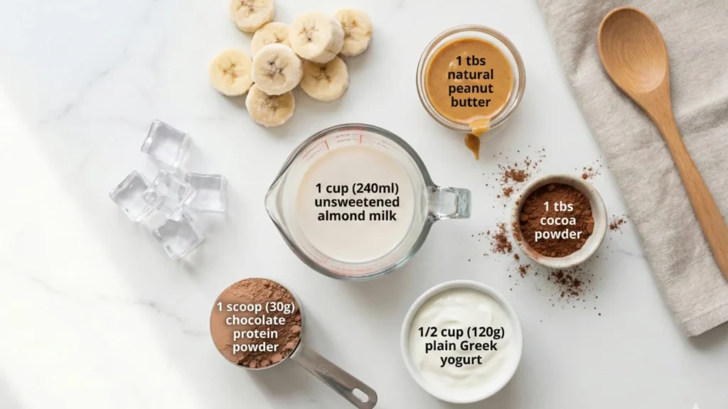 ingredients for chocolate peanut butter breakfast smoothie protein powder cocoa almond milk