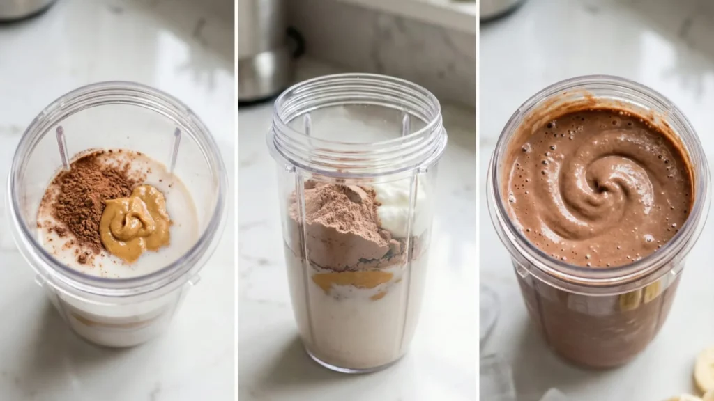 blending chocolate peanut butter protein breakfast smoothie for weight loss step by step