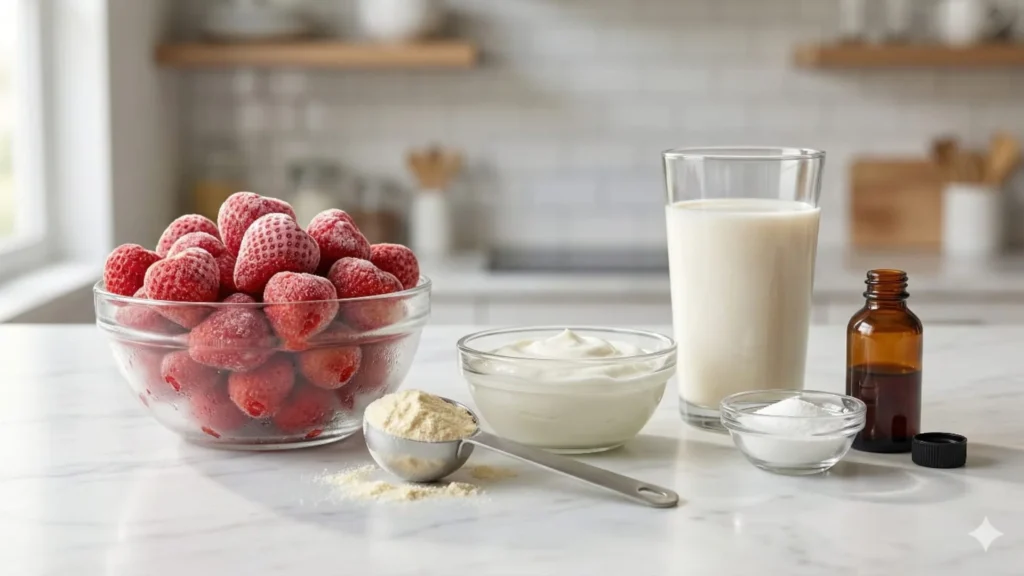 ingredients for strawberry cheesecake breakfast smoothie frozen berries greek yogurt protein