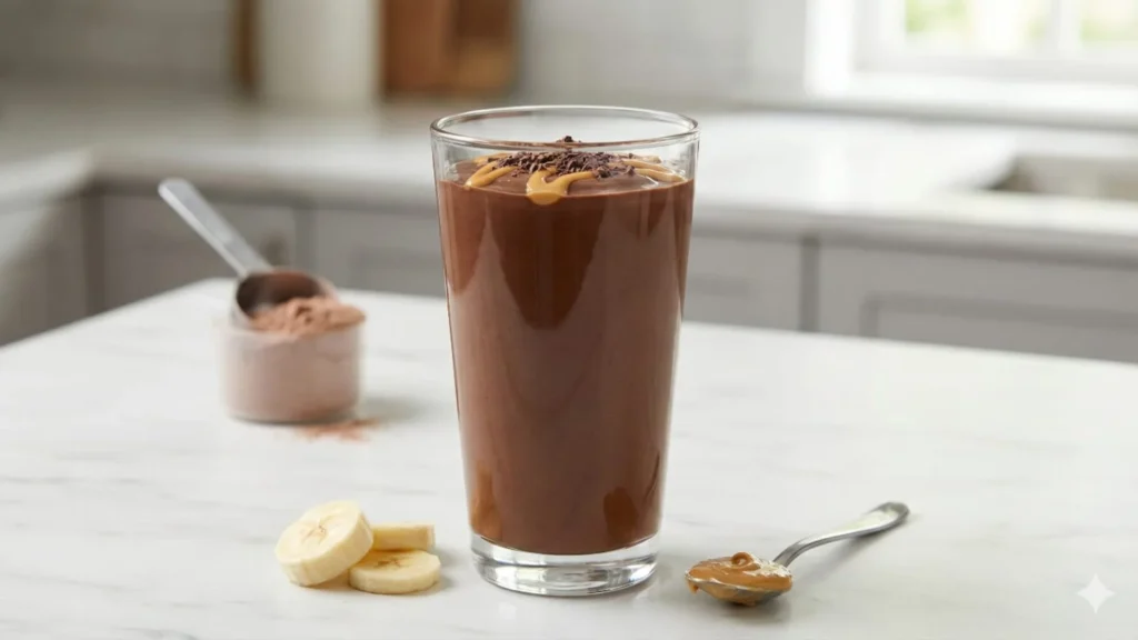 double chocolate protein breakfast smoothie for weight loss with peanut butter