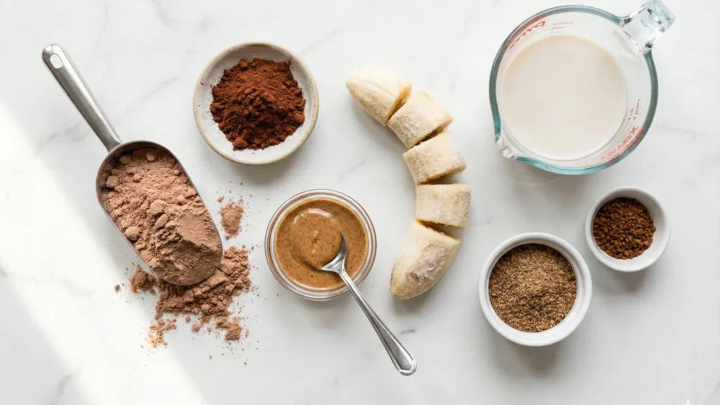 ingredients for double chocolate breakfast smoothie cocoa powder protein almond milk