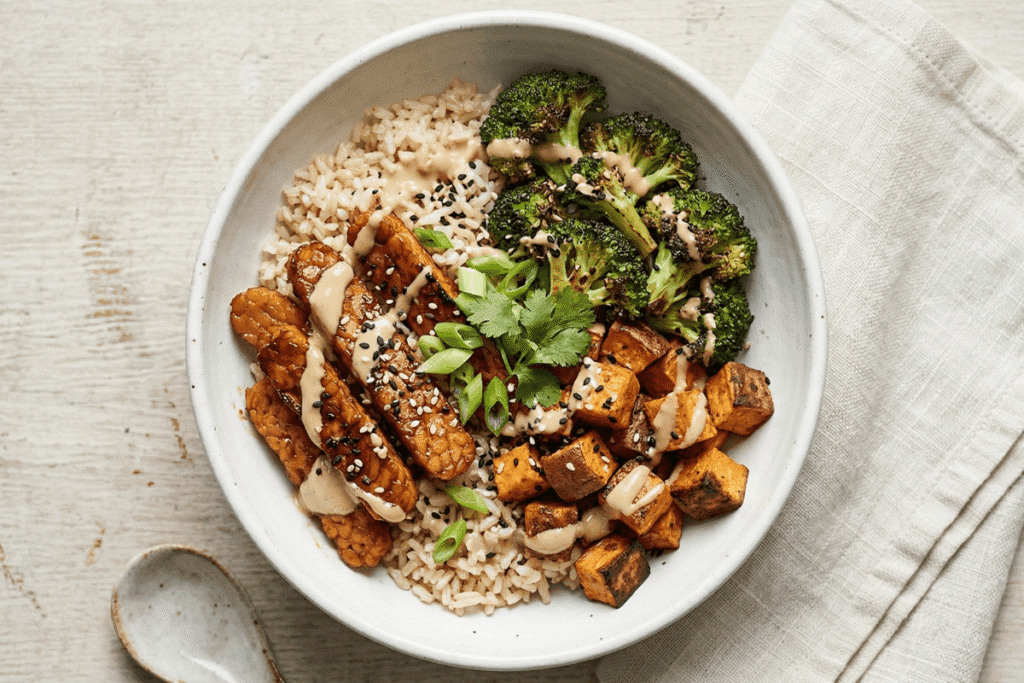 tempeh buddha bowl high protein vegetarian meal with tahini