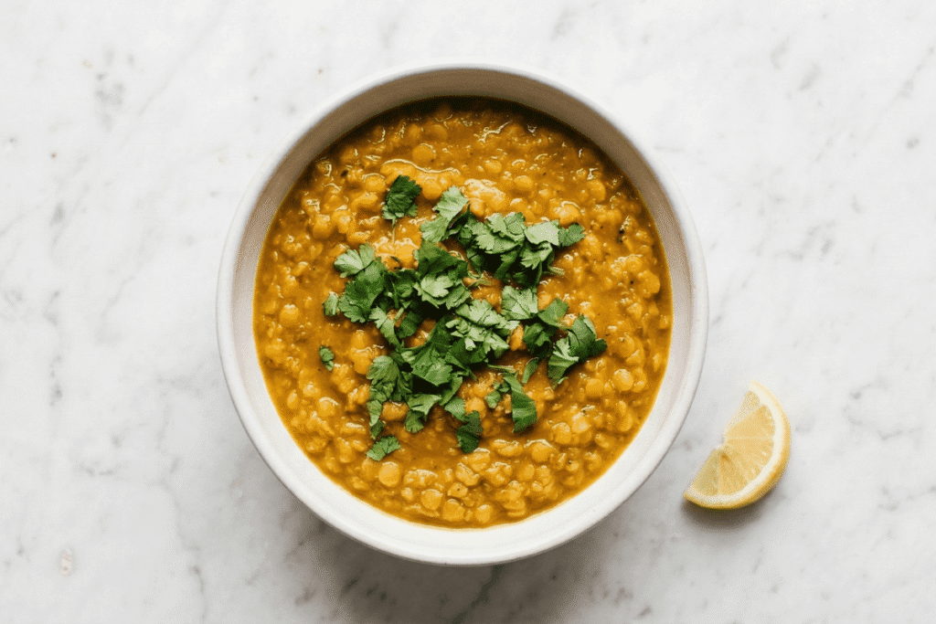 red lentil curry high protein vegetarian meal in white bowl