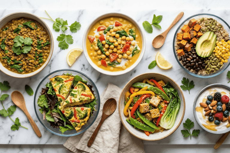 high protein vegetarian meals bowls on white marble table