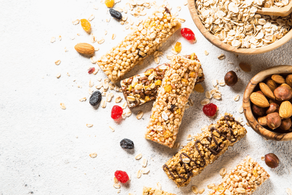 Homemade granola protein bars with nuts and chocolate – healthy high-protein snack for breakfast or meal prep
