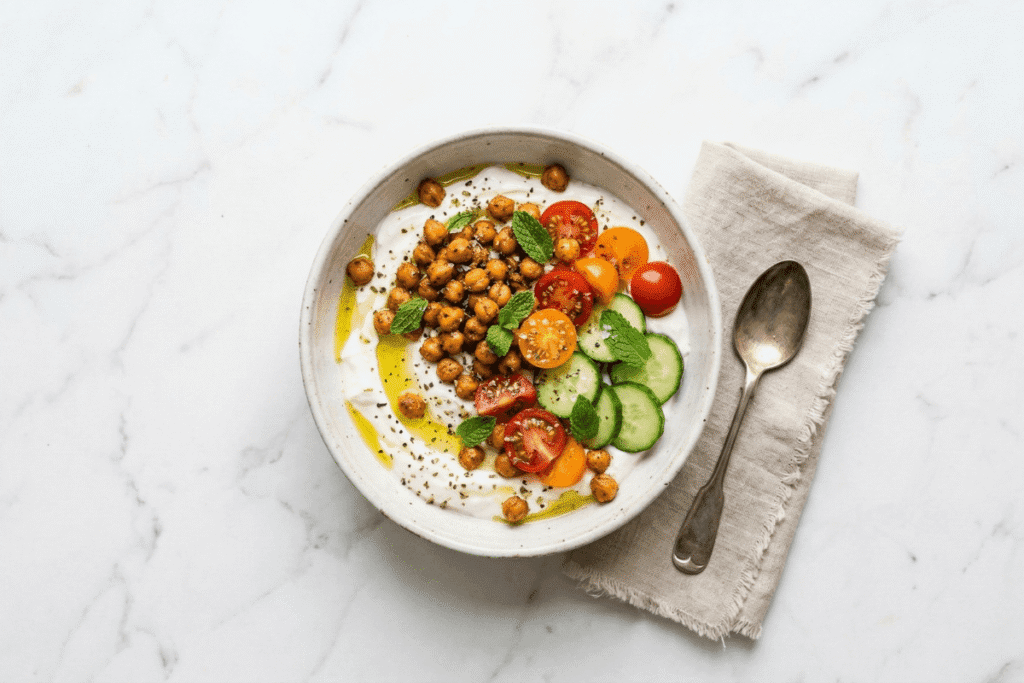 savory Greek yogurt bowl with chickpeas high protein vegetarian meal