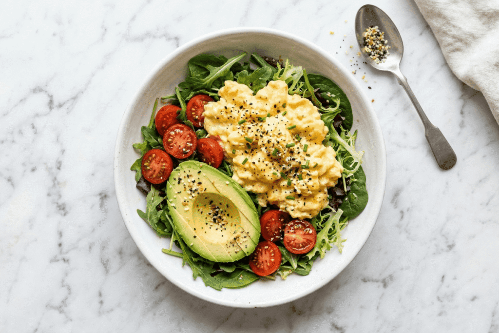 cottage cheese scrambled eggs bowl high protein vegetarian meal