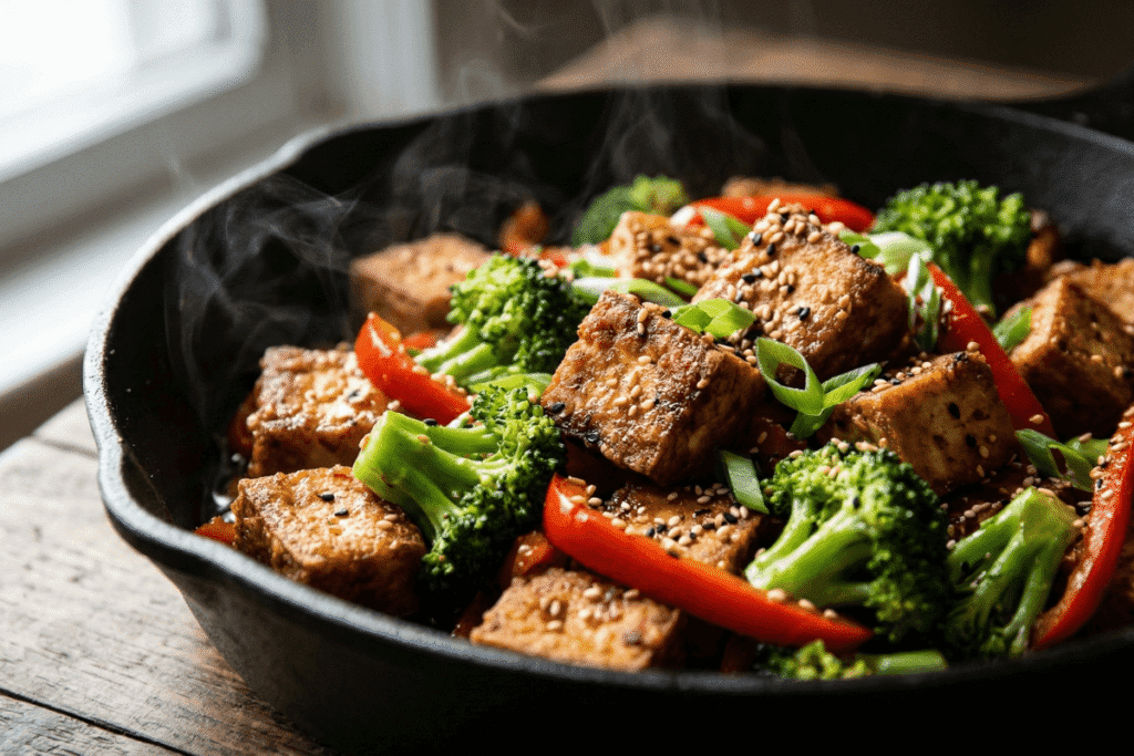 crispy tofu stir fry with broccoli high protein vegetarian meal