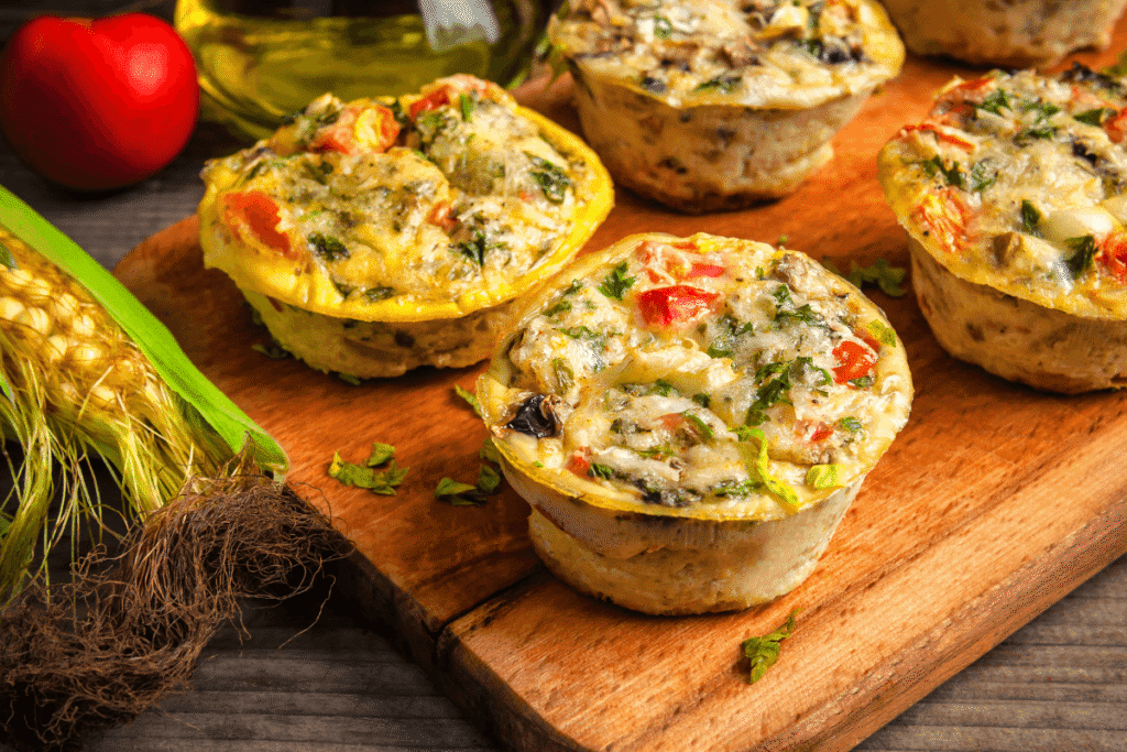 High-protein egg muffins with vegetables like bell peppers, spinach, and mushrooms on a wooden board