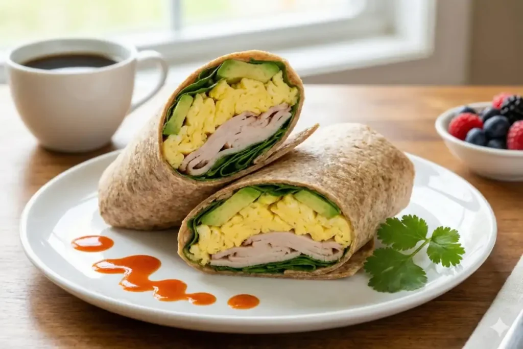 Turkey and egg breakfast wrap with spinach, avocado, and scrambled eggs in whole wheat tortilla