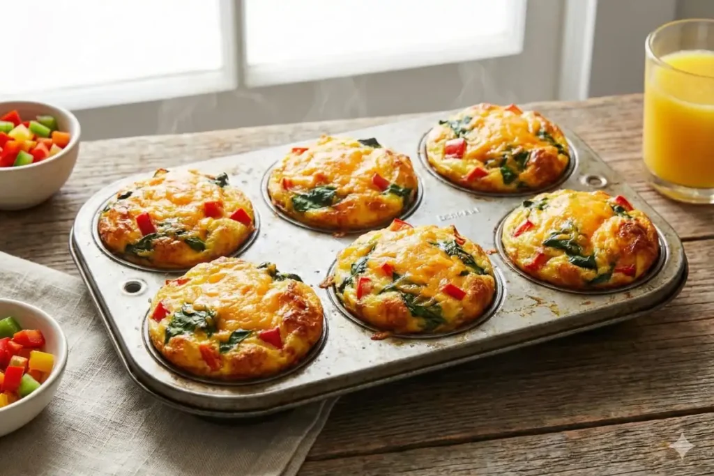 Vegetable egg muffins with spinach, bell peppers, and cheese in muffin tin