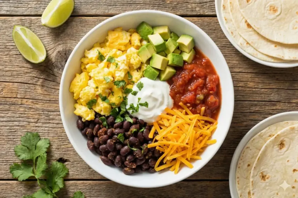 Mexican breakfast bowl with scrambled eggs, black beans, salsa, avocado, and Greek yogurt