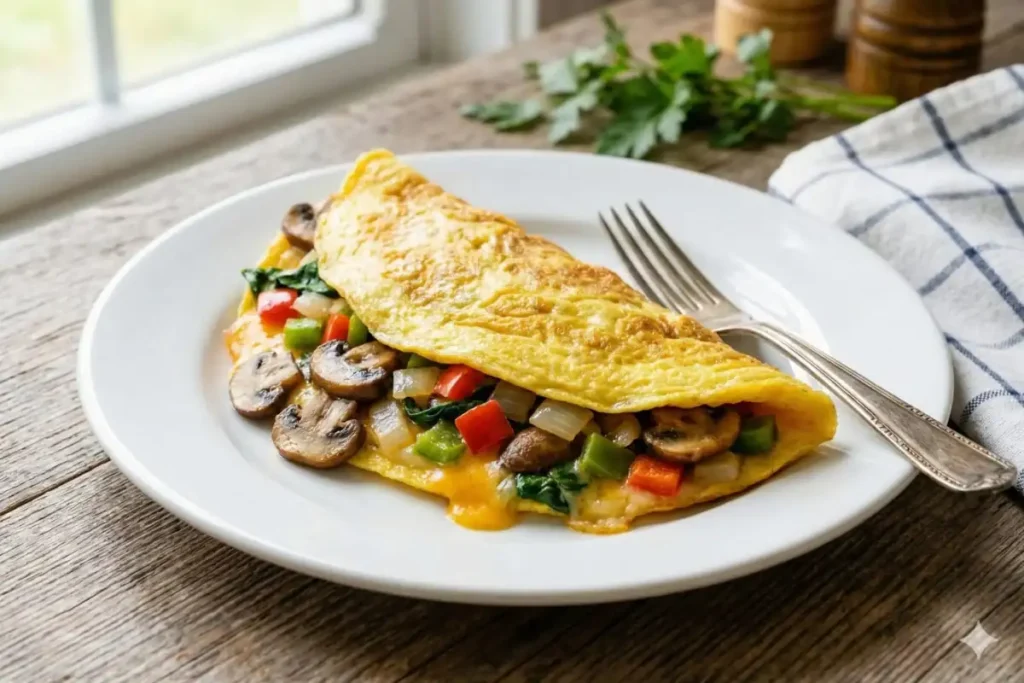 Veggie-loaded omelette with mushrooms, bell peppers, spinach, and melted cheese