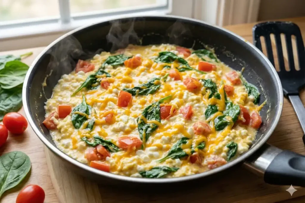 Cottage cheese protein scramble with eggs, spinach, tomatoes, and shredded cheese