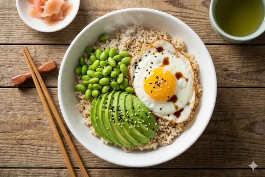 Edamame power bowl with fried egg, avocado, brown rice, and sesame seeds