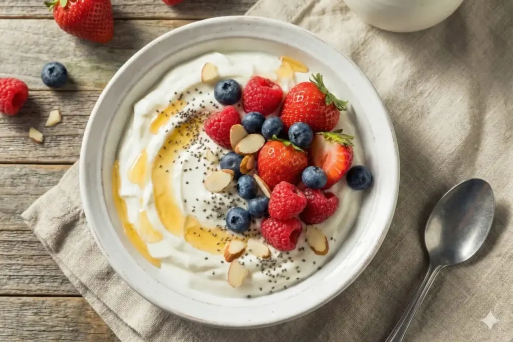Greek yogurt berry bowl with mixed berries, chia seeds, honey, and almonds