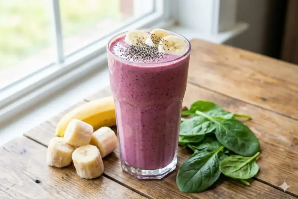 High-protein smoothie in glass with banana, spinach, peanut butter, and protein powder