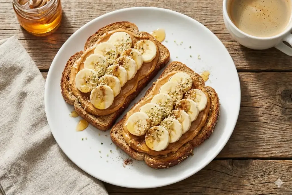 Peanut butter banana toast on whole grain bread with hemp seeds and cinnamon
