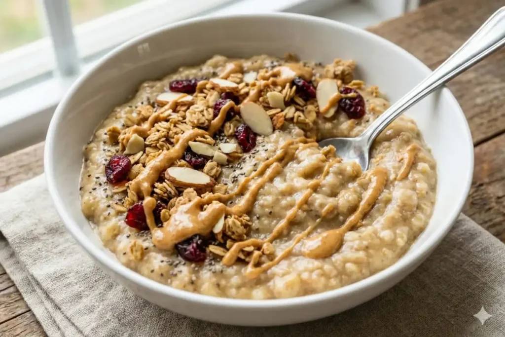 No-blend protein smoothie bowl with mashed banana, protein powder, nut butter, and toppings