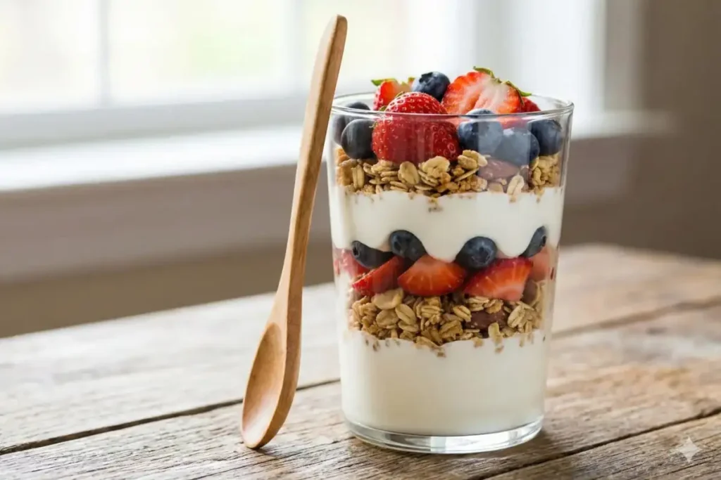 Speed yogurt parfait with Greek yogurt, granola, and fresh berries in bowl