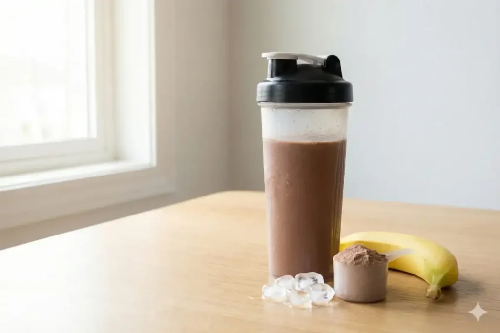 Basic protein shake in shaker bottle with banana, protein powder, and milk