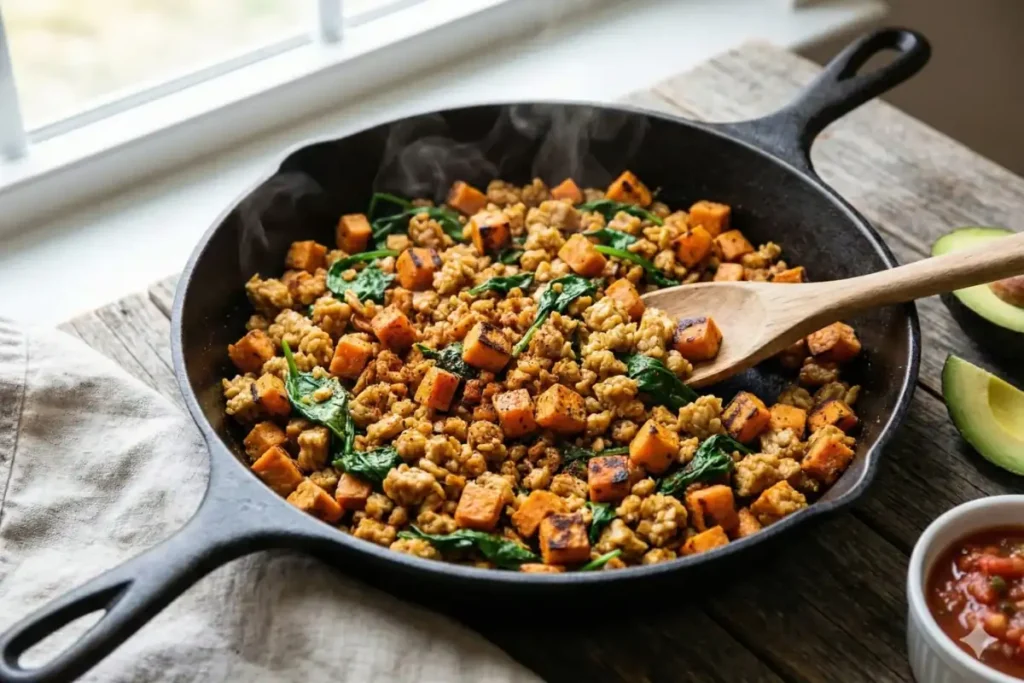 Tempeh breakfast hash with crumbled tempeh, sweet potato, spinach, and spices