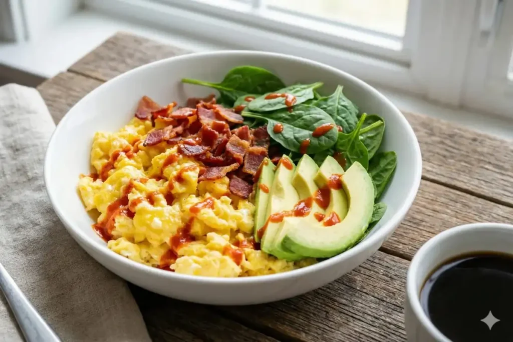 Bacon and avocado bowl with scrambled eggs, crispy bacon, spinach, and hot sauce