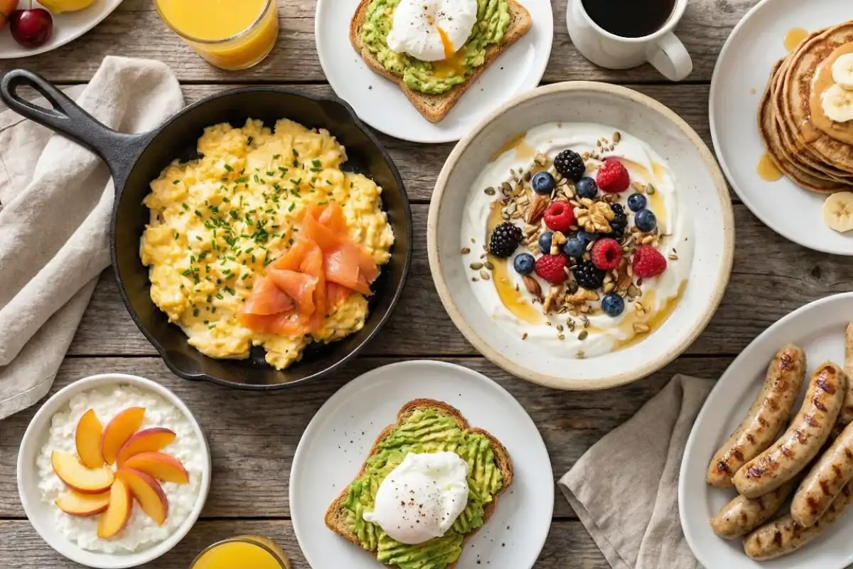 High-protein breakfast meal prep containers with egg muffins, overnight oats, and boiled eggs