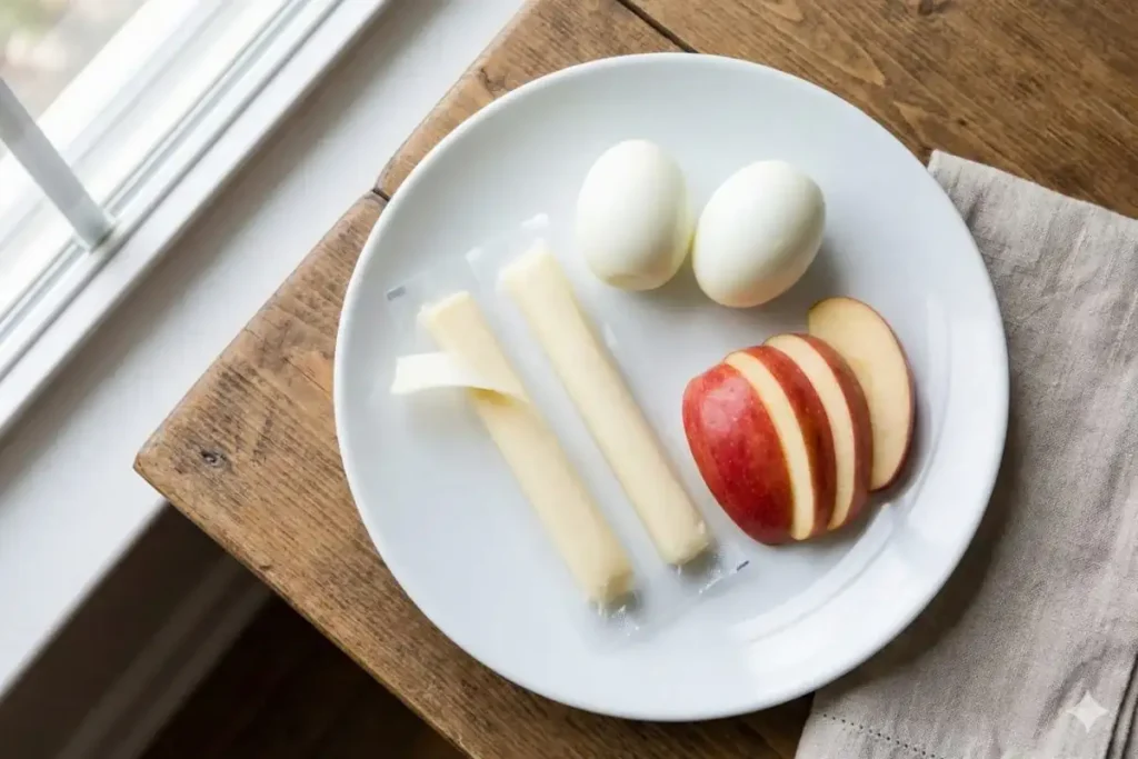 Hard-boiled eggs with string cheese and apple slices on plate for grab-and-go breakfast