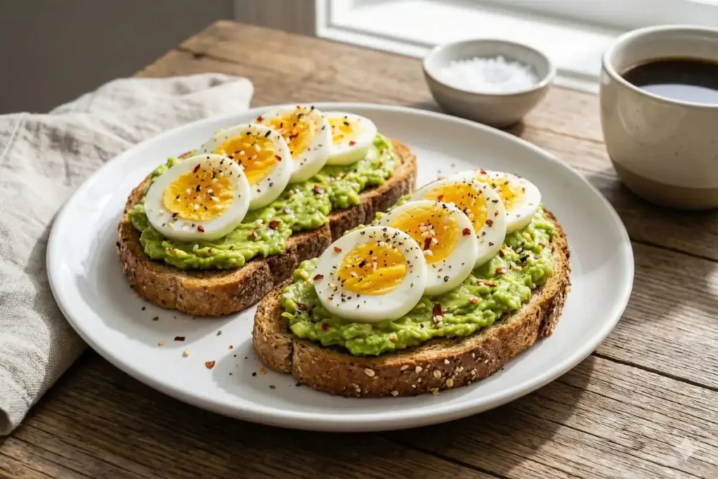 Avocado toast with sliced boiled eggs topped with red pepper flakes on whole grain bread