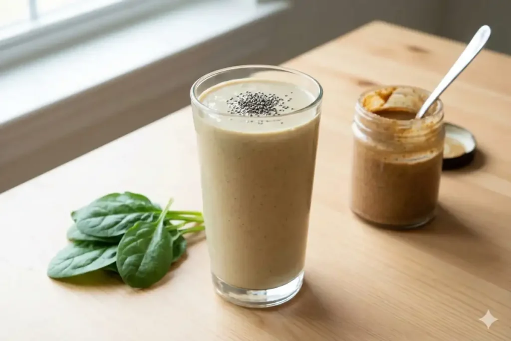 Keto protein smoothie with almond milk, almond butter, chia seeds, and spinach