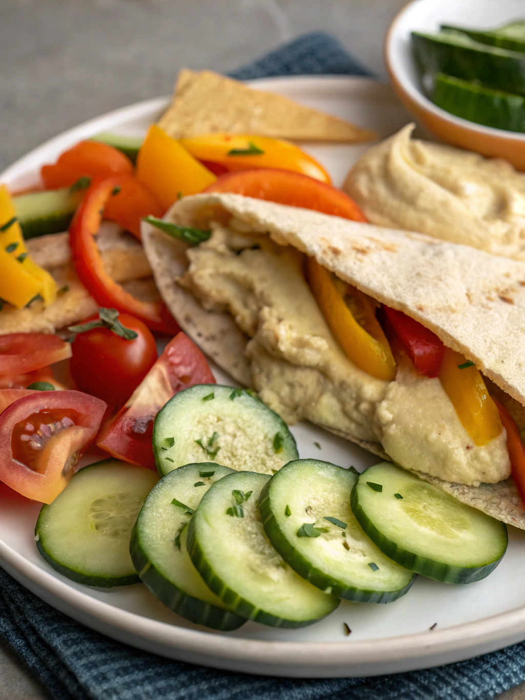 Veggie Hummus Pita Pockets – No-Cook Lunch Rainbow veggie hummus pita pockets filled with colorful fresh vegetables on a plate – no-cook healthy lunch idea hummus pita