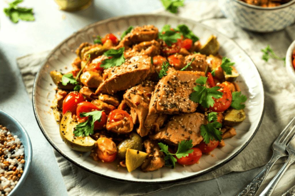 Grilled chicken meal prep bowl with cherry tomatoes, sesame seeds, and roasted vegetables – healthy high-protein lunch