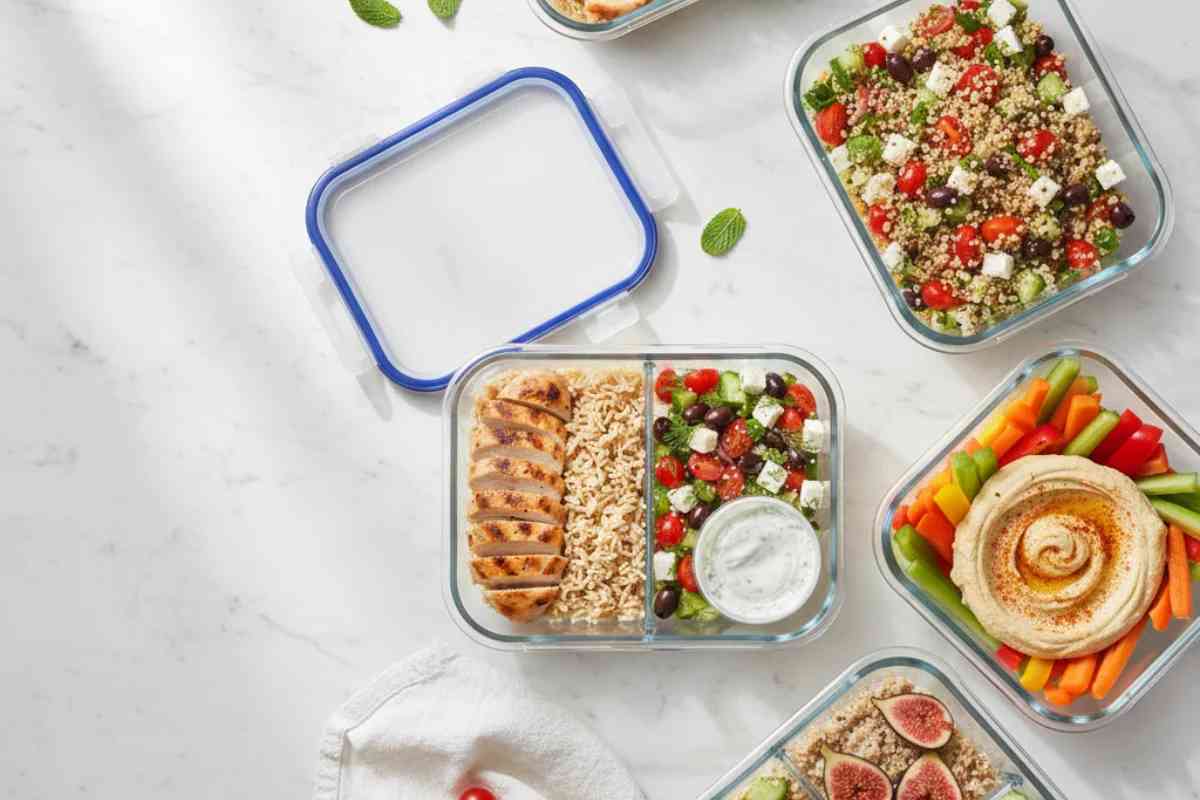 mediterranean diet meal prep containers with 20 healthy recipes for the week