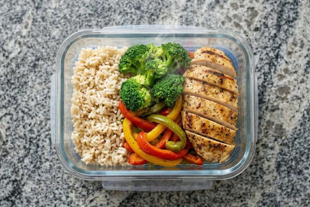 high protein meal prep chicken rice broccoli