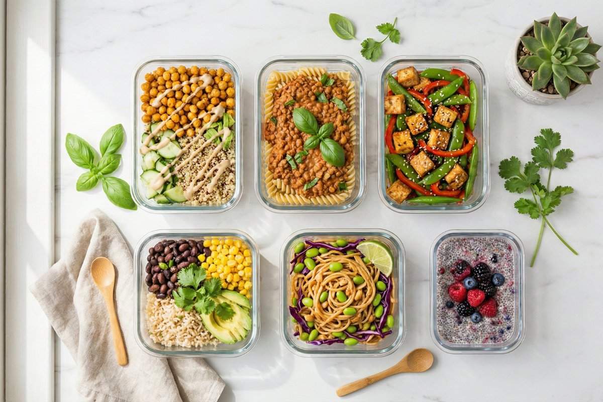 vegan meal prep containers with colorful plant based meals on marble counter