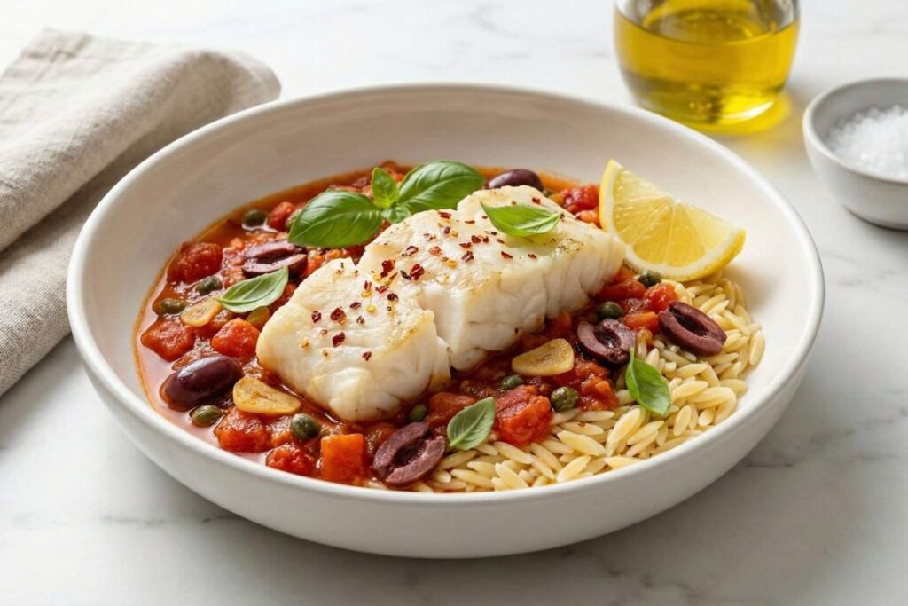 baked cod with tomato olive sauce capers and orzo pasta in white bowl