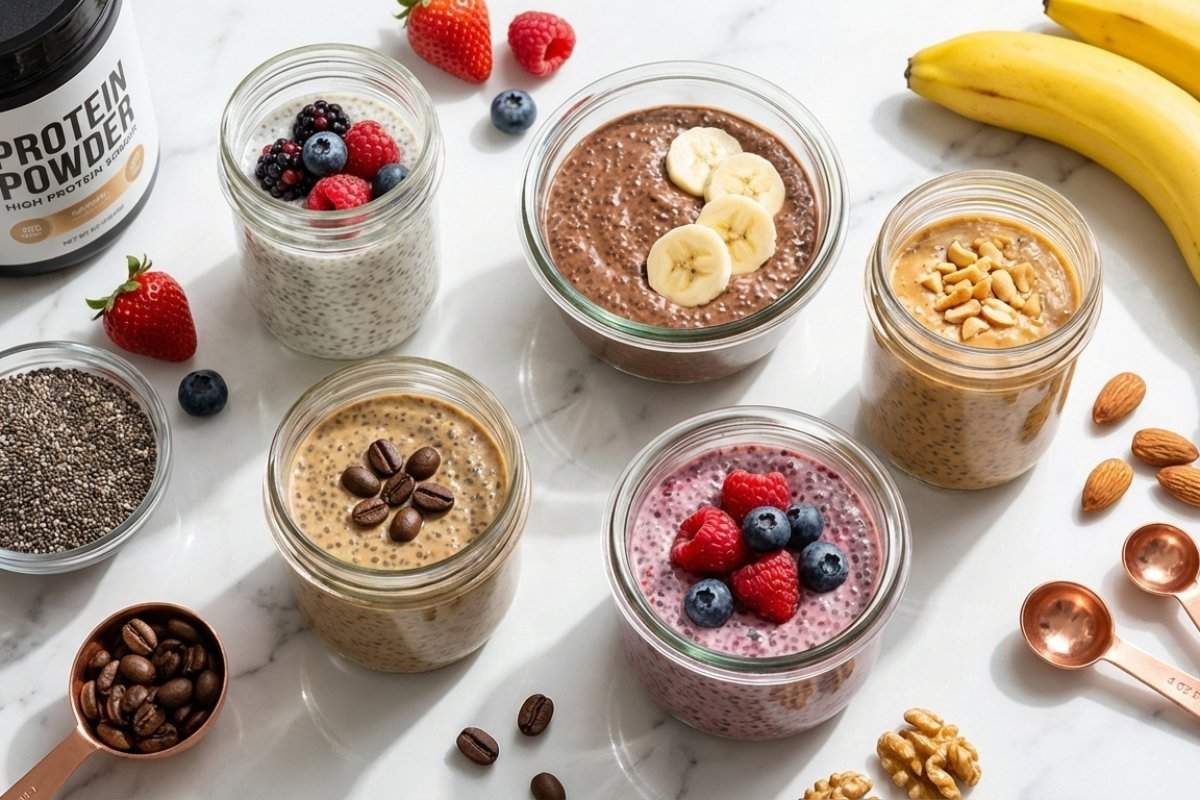 vanilla high protein chia pudding in glass jar with berries almonds and almond butter